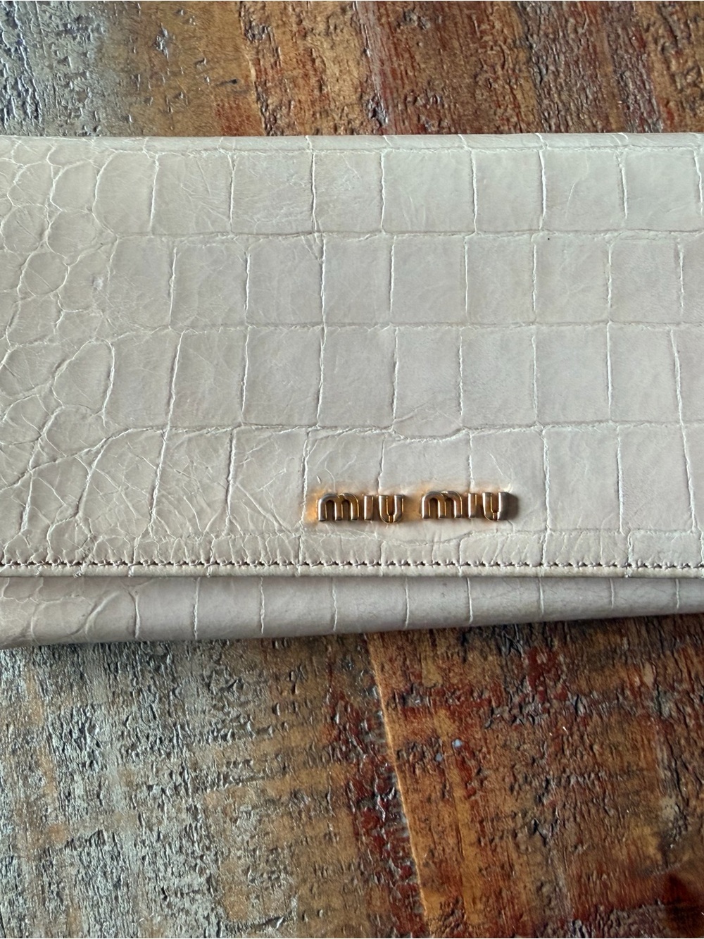Miu Miu Cream Croc-Embossed Leather Continental Wallet with Gold Logo